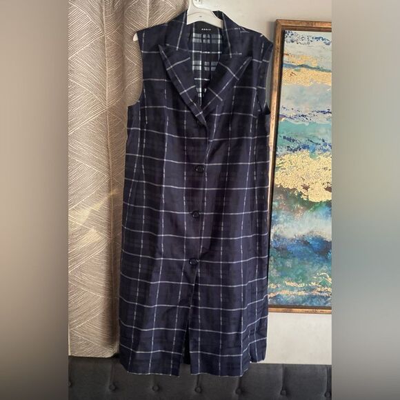 Akris Blue & White  Plaid  Shift Dress Size 10 Collared Zip Zipper Legs Button - Picture 1 of 14
